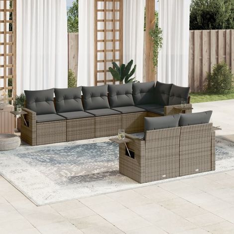 Ensemble de jardin modulaire 8 places, résine tressée grise, canapés d'angle et central avec accoudoirs et coussins amovibles (1/5)