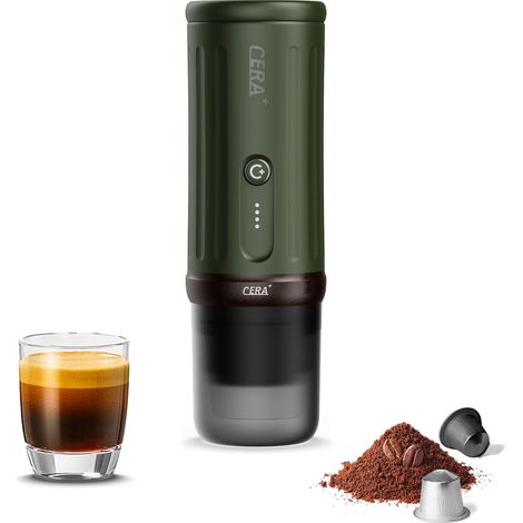 Machine à expresso portable 5 à 8 tasses par charge, auto-chauffante, 20 bar, dosettes et café moulu, cafetière électrique de voyage pour sortie, travail, camping (vert arabica) (1/5)