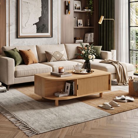 Creahappy Table Basse avec Rangement 100x50x35 cm - Gain de Place avec Portes Coulissantes Cannelées - Effet Chêne Naturel Scandi (1/5)
