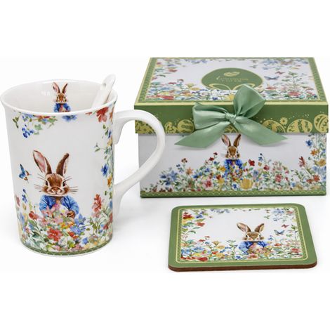 Taza de porcelana con diseño de conejo de Pascua, cuchara, posavasos y caja de regalo. (1/5)