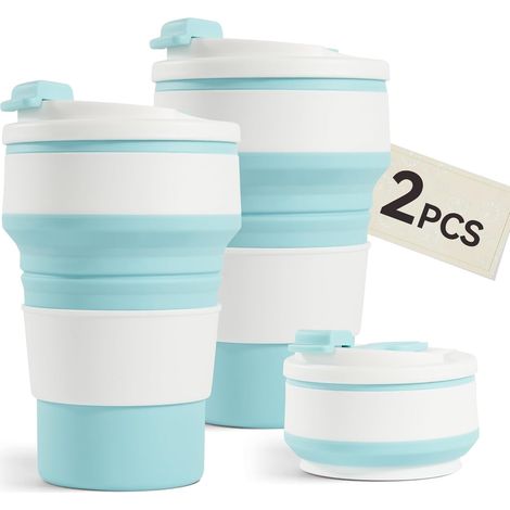 Lot de 2 gobelets pliables de voyage en silicone, étanches et pliables, pour boissons chaudes et deux autres boissons. 350 ml (12 oz), bleu. (1/5)