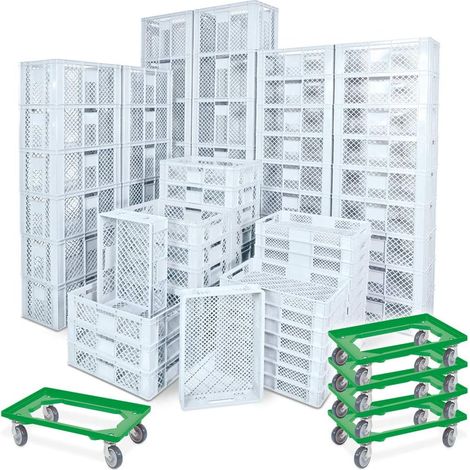 BRB 78 Stück Stapelkörbe/Bäckerkästen in 5 Größen, Grundmaß LxB 600x400 mm, H 90 mm, 150 mm, 240 mm, 320 mm, 410 mm, + 5x Transportroller grün (weiß)