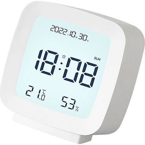 Alarm digital LED for children, clock indoor with display of the temperature and of moisture, white (1/5)
