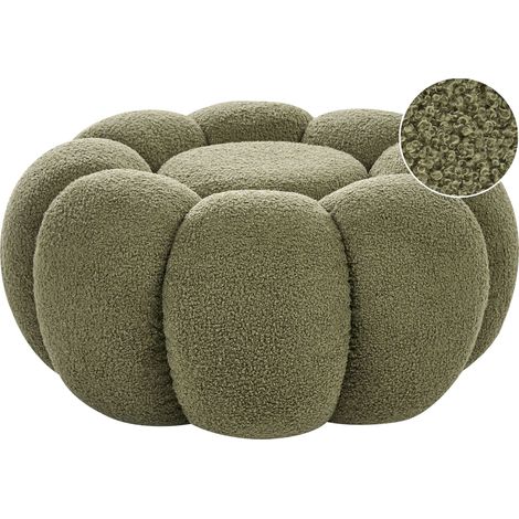 Pouffe Green Boucle Round 60 x 60 x 27 cm Footstool Accent Upholstery Modern Living Room Bedroom Furniture BEAUFORT (1/5)