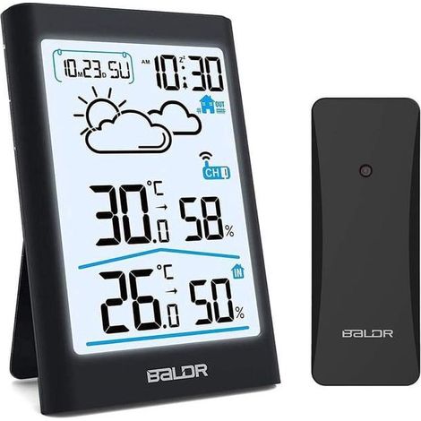 Station météo sans Fil, Thermomètre Hygromètre Baromètre Intérieure Extérieure Horloge Numérique Alarme et Affichage Heure Date Jour Noir (1/4)