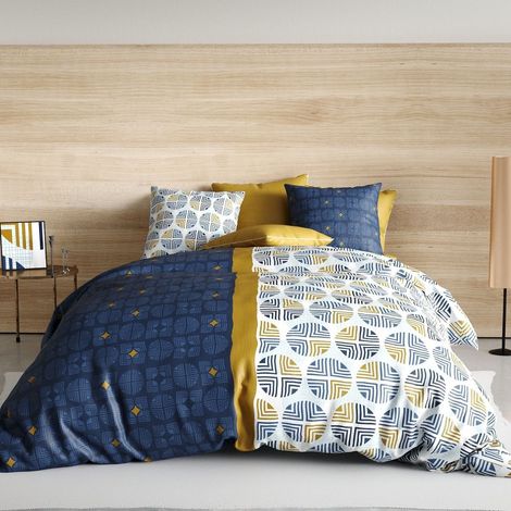 Parure housse de couette 260x240cm + 2 taies motif graphique bleu et ocre 100% coton - RUFUS (1/4)