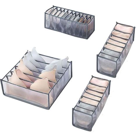 Organisateur de tiroir à sous-vêtements, séparateur de tiroir à soutiens-gorge, rangement pliable pour soutiens-gorge et chaussettes (gris, lot de 4) (1/5)