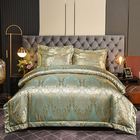 Parure de lit 200x200 Or Vert Clair Soie Satin Baroque Couvre-lit Romantique Jacquard Motif Floral Linge de Lit Ensemble 3 Pièces pour Lit Double avec Fermeture Éclair et 2 Taies (1/5)