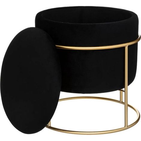 Atmosphera – Pouf coffre en velours noir D 42 x H 44 cm – Support métal – Rangement discret pour objets du quotidien – Idéal salon et chambre
