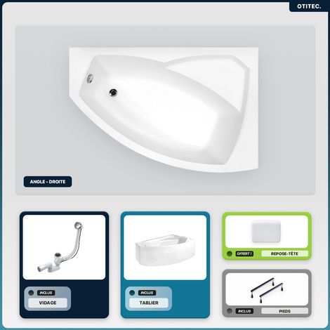 Baignoire asymétrique - 140 x 90 cm - Droite - avec Tablier - Pieds - Repose-tête - Vidage Chrome - RIMA (1/5)