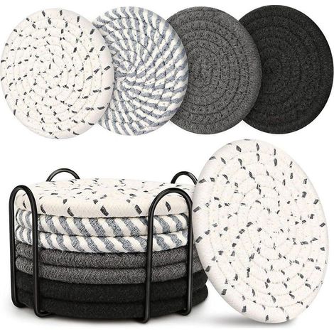 Ensemble de 8 dessous de verre en corde de coton avec support en métal et sets de table isothermes pour boissons (1/5)