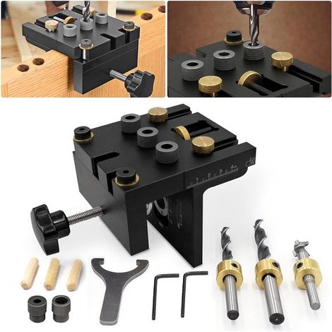 Set di dime per tasselli 3 in 1 con set di punte da trapano da 6/8/10/15 mm - Strumento di foratura di precisione - Guida di foratura regolabile - Attrezzi per falegnameria - Attrezzi per ebanisti (1/5)