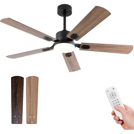 Ventilateur de plafond noir 52" avec éclairage et télécommande, moteur CC silencieux réversible 6 vitesses, 3 températures de couleur. Modèle moderne pour intérieur/extérieur : chambre, salon, terrass