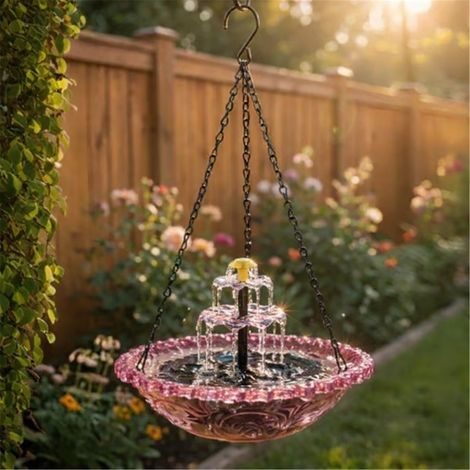 Fontaine solaire suspendue pour bain d'oiseaux, bain d'oiseaux d'extérieur suspendu avec fontaine solaire, avec pompe solaire, fontaine décorative pour jardin, terrasse ou patio (violet) (1/5)