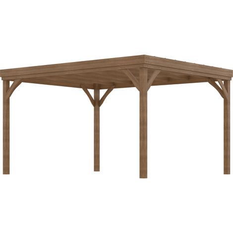 Pergola 4 x 3 m en bois traditionnelle autoportante avec 4 pieds Toit terrasse à décorer - marron (1/5)