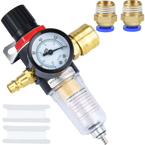 Kaelt - Détendeur d'air comprimé, filtre à air, régulateur de pression 1/4 BPS avec séparateur d'eau, raccords rapides allemands et manomètres (1/5)