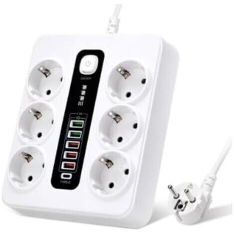 Multiprise 6 Compartiments avec USB, Multiprise 12 en 1 avec 5 USB-A & 1 USB-C, avec Interrupteur, Câble D'extension 2M, 3000W, Multiprise pour Bureau, Maison