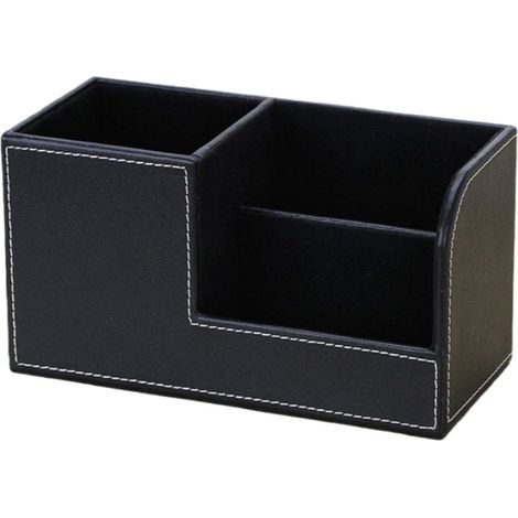 Organiseur de bureau multifonction en cuir avec cadre en bois pour stylos, crayons, téléphones portables, cartes de visite, télécommandes, noir (20 x 9,3×11 cm) (1/5)