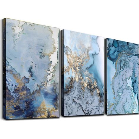 Lot de 3 tableaux toile abstrait bleu et blanc – Décoration murale moderne pour chambre et salle de bain – Résistant à l'eau (1/4)