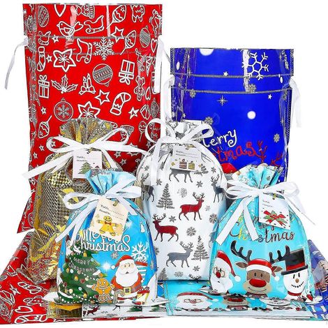 Sacs cadeaux à cordon pour les fêtes. Lot de 15 sacs cadeaux de Noël en aluminium, 4 tailles différentes. Emballage rapide pour les cadeaux de Noël. (1/5)