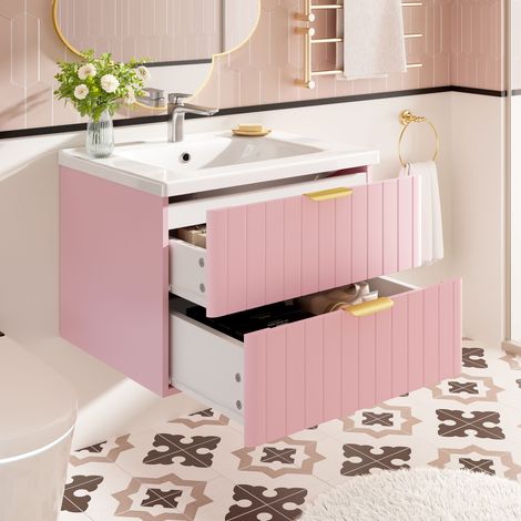 Meuble vasque suspendu à une vasque avec double rangement, en MDF hydrofuge, vasque en céramique anti-taches, surface en mélamine sans laque, gain de place, rose (1/5)