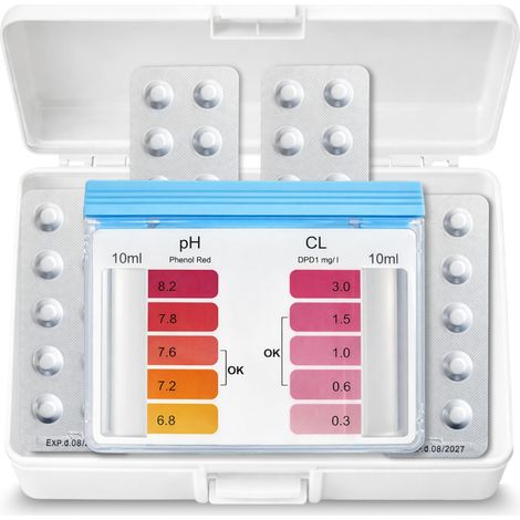 Kit de test DPD1 chlore, brome et pH pour piscine, kit analyseur de piscine, accessoires de piscine, convient pour tout type d'eau, 20 pastilles Phenol Red pour pH et 20 pastilles DPD1 pour chlore (1/5)