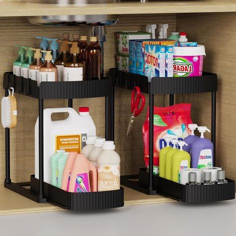 Ensemble de 2 pièces : Étagère de rangement coulissante - Étagère à épices - Étagère de rangement pour la cuisine et la salle de bain - Tiroir à épices - Pots à épices - Noir - 38 x 20,3 x 32,7 cm - P (1/5)