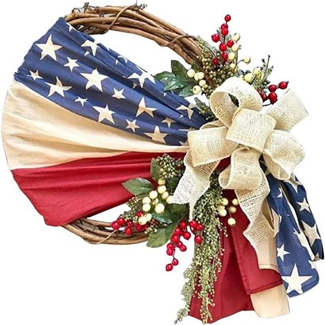 Couronne de Porte 16 Pouces pour Fête Nationale, Jour des Vétérans et 4 Juillet - Décoration Patriotique Américaine avec Fleurs et Lierre (1/5)