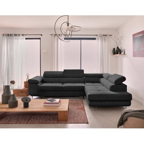 Bestmobilier – Canapé d'angle convertible 5 places avec coffre – Têtières réglables – Velours côtelé gris foncé – Couchage occasionnel 124x193 cm (1/5)