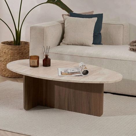 Kieselförmiger Couchtisch Travertin und Walnuss Japandi – 120 x