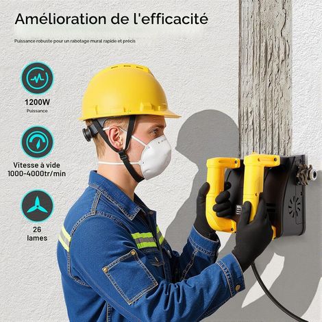 Fraise à béton électrique 1200 W, 1000-4000 tr/min, fraiseuse de nettoyage portable, avec 26 lames, profondeur de rabotage de 1 à 4 mm, largeur 15 cm, raboteuse murale, profondeur réglable (1/5)