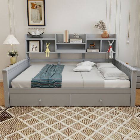 Letto singolo 90 x 200 cm con cassetti e vani portaoggetti, grigio HAVRYA (1/5)