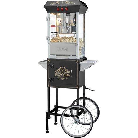 Machine à pop-corn avec chariot, 850 W, cuve de 225 g (8 oz) permettant de préparer 48 tasses par fournée, équipée d'un couvercle en verre trempé, 4 cuillères doseuses incluses, style cinéma, noire (1/5)