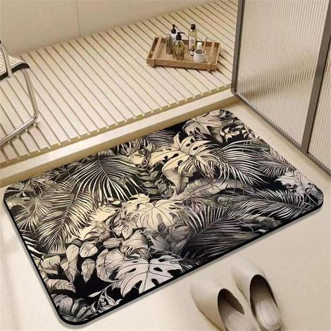 Non-slip Bath Mat, Tropical Plant Print Diatomite Bathroom Mat for Shower and Bathtub, Soft, Absorbent, Quick-Drying (Monstera, 40x60cm) (1/5)