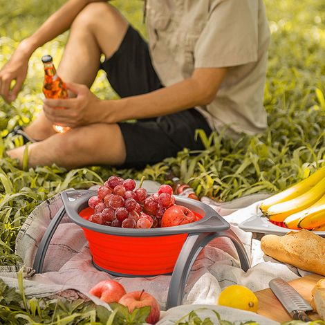 Tragbarer Küchen-Silikon-Faltfilter-Waschkorb für Obst und Gemüse mit Halterung, Rot/Grau (1/5)