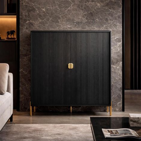 Credenza Mobile Contenitore 2 Ante Cannettate E Piedini Oro Madia Moderna con Ripiani Interni E Chiusura Soft Close Per Soggiorno Salotto E Ingresso 103.6 x 124 x 39.6 Cm Nero - Colore: Nero