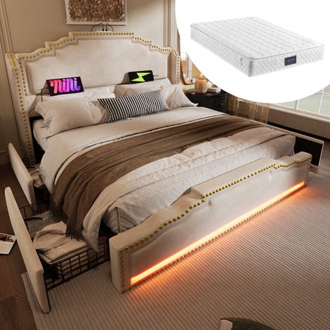 MEUBLIV Lit 140x200 cm beige – 4 tiroirs, LED et USB-C, avec matelas (1/5)