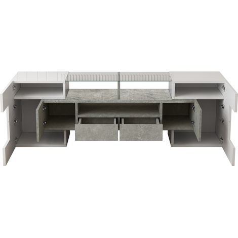 Mobile TV lowboard 145 cm bianco lucido effetto cemento con LED e superficie in vetro (1/5)