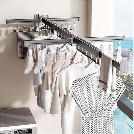 Séchoir à linge mural rétractable avec crochets, rotatif à 360 °, pour balcon, buanderie, salle de bain, gris anthracite (1/5)