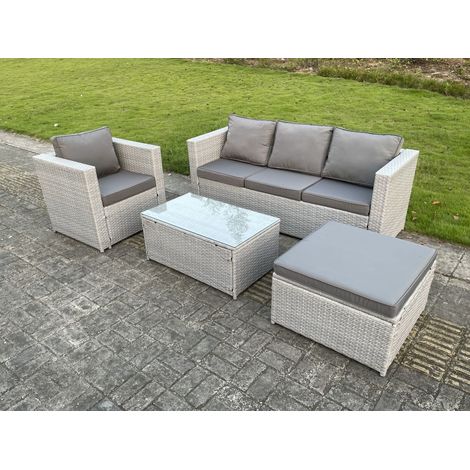 Fimous Polyrattan Gartenmöbel Set 5-Sitzer Rattan Sofa Set mit 3-Sitzer Sofa Sessel Quadrat Couchtisch Großer Fußhocker Helles Grau