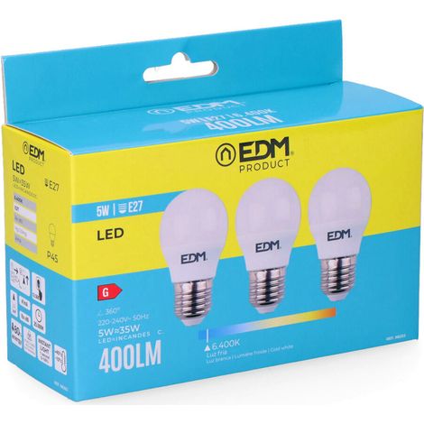 Kit 3 ampoules LED E27 5W 400lm lumière froide EDM - 6400K - Réf. 98203 (1/3)
