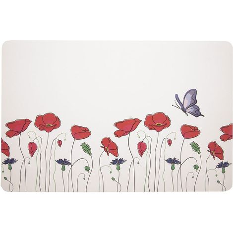 White rectangular plastic kitchen mat with poppy motif