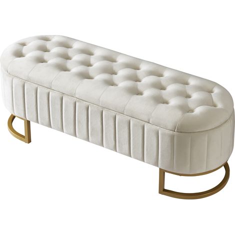 Banc-coffre de rangement et repose-pieds 120 x 40 cm, banquette rembourrée avec espace de stockage, pouf banc en velours beige (1/5)