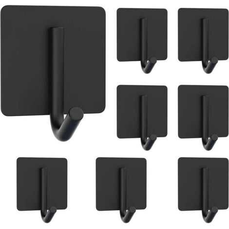 8-Piece Adhesive Wall Hooks for Bathroom and Towels - No Drilling Required - Stainless Steel - Black