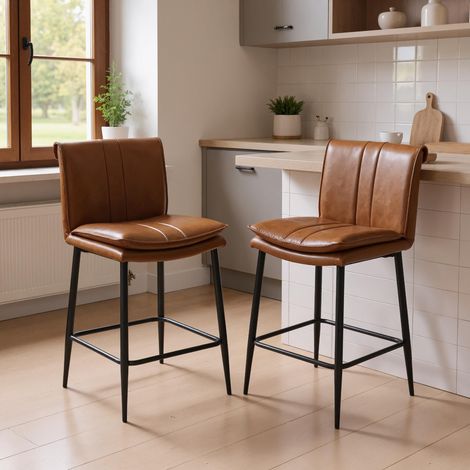 Wahson Bar Stools 2Pcs in PU Leather Modern Industrial Counter Chairs with Backrest for Kitchen Home Bar Restaurant, Brown