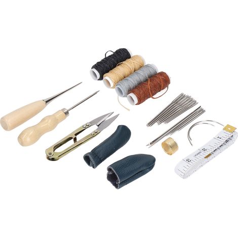 Cet ensemble d'outils en cuir résistant, composé de 28 pièces, comprend 2 poinçons, 4 bobines de fil ciré et 16 aiguilles. Convient pour les tapis, les manteaux et les matelas. (1/5)