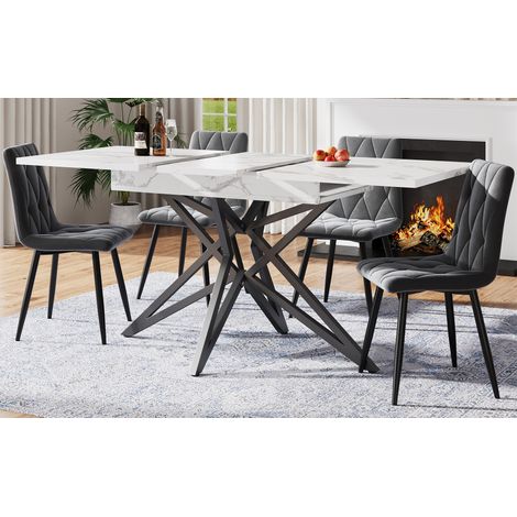 Table à manger extensible 120-160 cm, plateau effet noyer ou marbre, pieds étoile en métal noir