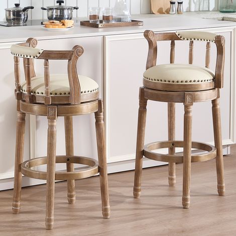 Tabouret de bar pivotant 360° avec dossier, hauteur d'assise 75 cm, base en bois brun, coussin en cuir blanc (1/5)