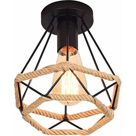 Rétro Vintage Plafonnier Industrielle --Lefou Cage en forme Diamant en Métal avec corde de chanvre Fer Lustre Suspension Luminaire pour Salon Salle Chambre Décorer Maison(20cm) [Classe énergétique A+] (1/5)