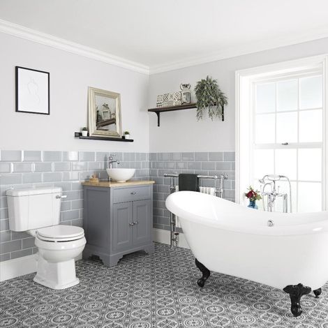 Milano Thornton Light Grey Bathroom Suite with Freestanding Double Ended Slipper Bath and Feet  645mm Vanity Unit with Countertop Basin and Close Coupled Toilet WC - Black Ball & Claw Feet (1/5)